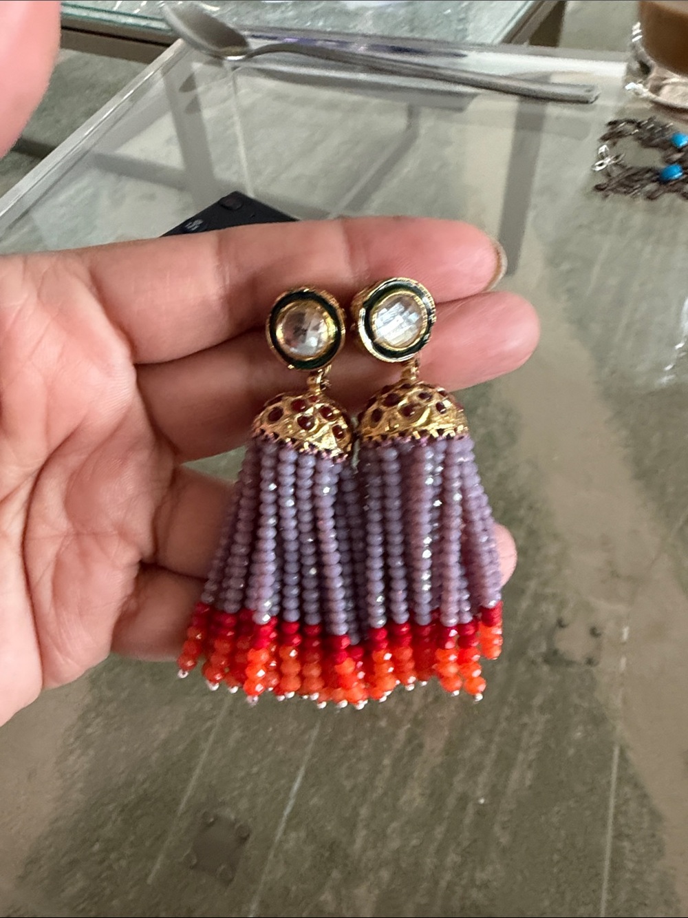Handcrafted Lavender and Orange Beaded Tassel Earrings - Gold Accents